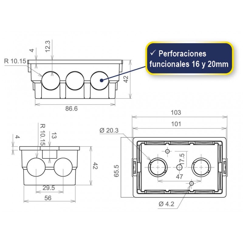 CAJA DISTRIBUCION EMBUTIDA PARA TABIQUERIA CON OREJA METALICA
