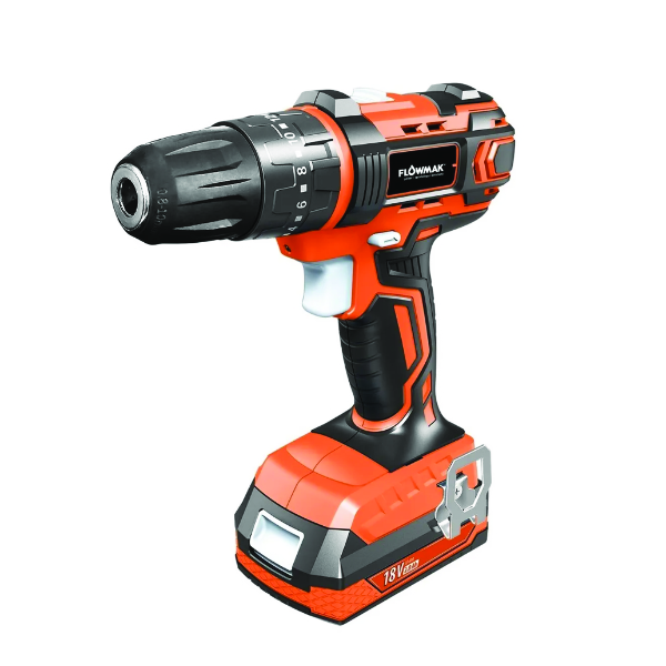 TALADRO PERCUTOR FLOWMAK 10 MM 18V+BATE+ACCESORIOS