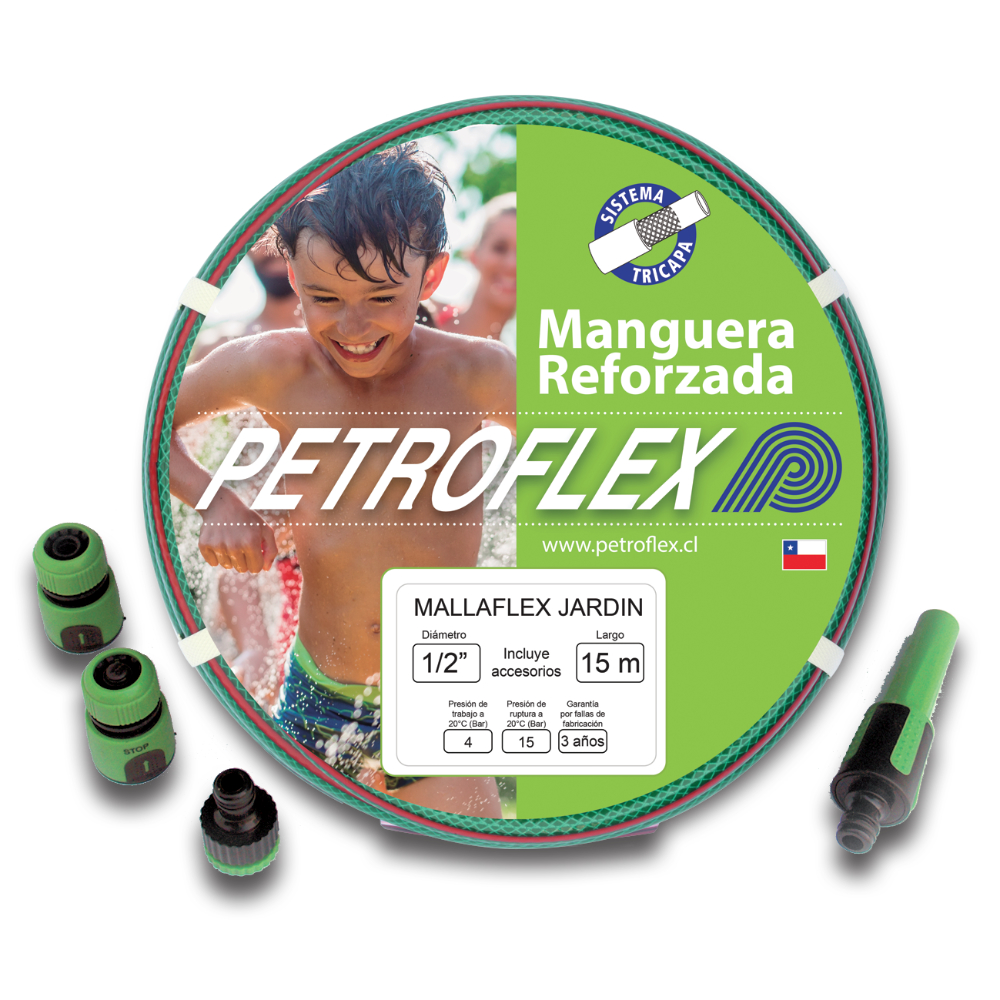 [3G196] Set Manguera Jardin Reforzada Mallaflex 1/2" 15 Mt Verde C/A